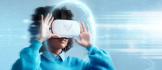 istock Woman, VR and technology in future metaverse, game or internet connection in the cyberspace. Female with virtual reality headset in 3d, digital and futuristic AI tech for online innovation 1444191431