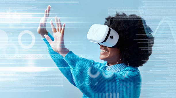 istock Black woman using virtual reality, technology and futuristic 3d tech for internet. Girl with vr headset, digital gadget and user experience of metaverse. Innovation, future and networking online 1444191454