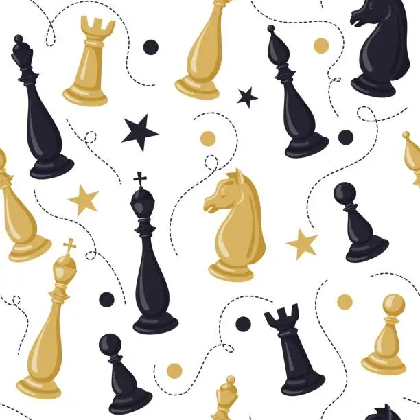 Vector illustration of Chess game pattern. Queen and king print. Chessboard figures. Vintage art. Doodle horse and knight. Strategy sketch. Checkmate elements. Strategy gaming. Vector seamless tidy background