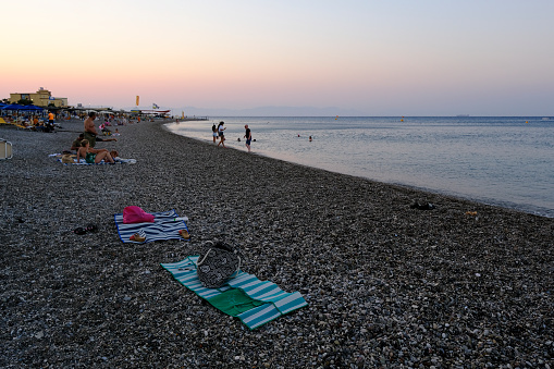 View of deserted beach in Rhodes, Greece on July 28, 2022.