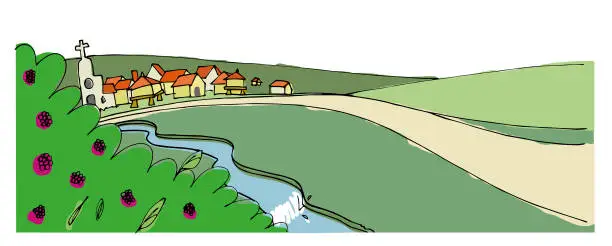 Vector illustration of Road to a small town, village on a valley with a river, houses and a church in the distance. Basic colorful hand drawn watercolor style vector illustration.