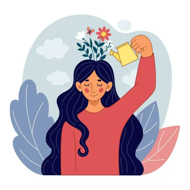 Vector illustration of Mental health. Woman positive mind. Personal change. Growth flowers in brain. Thinking girl. Mindset development. Watering blossoms in head. Psychological therapy. Vector tidy concept