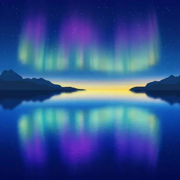 Vector illustration of Aurora borealis reflected in water, winter holiday illustration, northern