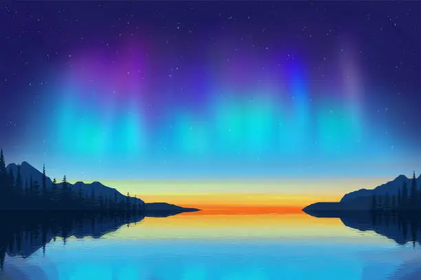 Vector illustration of Aurora borealis reflected in water, winter holiday illustration, northern