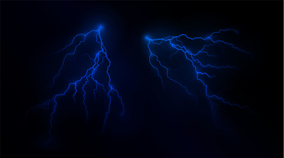 Light blue isolated vector lightning . Magic light abstract lines. Realistic natural lightning neon effects, black transparent background.