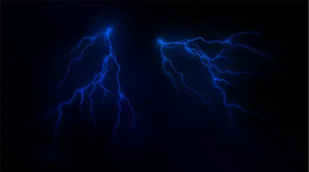 Vector illustration of Light blue isolated vector lightning . Magic light abstract lines. Realistic natural lightning neon effects, black transparent background.