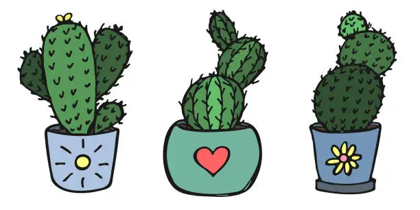 Vector illustration of Set of hand drawn cactus doodle