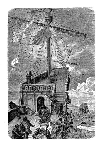 ilustraciones, imágenes clip art, dibujos animados e iconos de stock de el barco sebastian cabot sale de la costa de labrador en el siglo 15 durante un viaje de exploración de américa del norte en busca del paso del noroeste. - northwest frontier