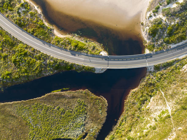istock Overhead view road crosses over river mouth on coastline 1444199754