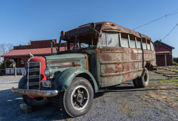 Berks County, Pennsylvania  November 22, 2022: Old Mack Bus parked at Christmas Tree Farm as holiday decoration