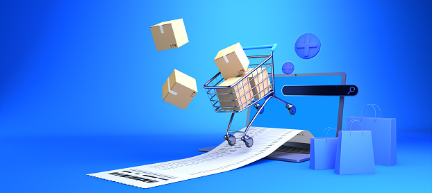 The product box is in the shopping cart. The shopping cart is on a laptop computer. Blue background. Fast delivery concept, splashing product box, search bar