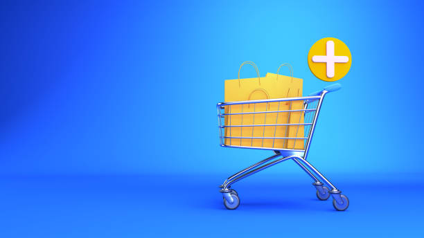 istock 3d render. yellow shopping bag is in the cart 1444202264
