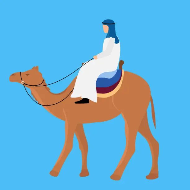 Vector illustration of Camel carrying a bedouin isolated on blue background. Vector illustration.