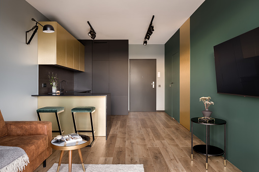 Open layout, modern designed apartment with green walls, golden details and wooden floor