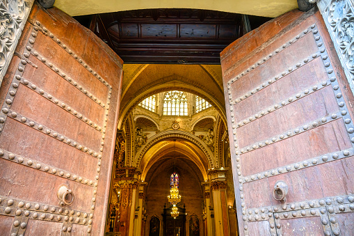 New York, NY, USA - Dec 29, 2020: Spectacular entrance to the French Building on Fifth Avenue