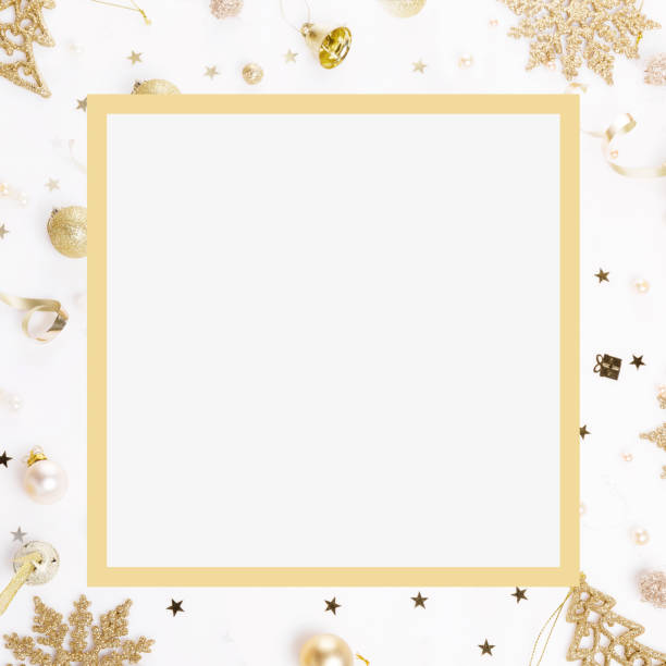 istock Christmas decorations and confetti, golden square frame. Festive template on a white background 1444208849
