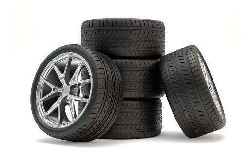 Aluminum wheel car tires  on white background ,3D illustration.