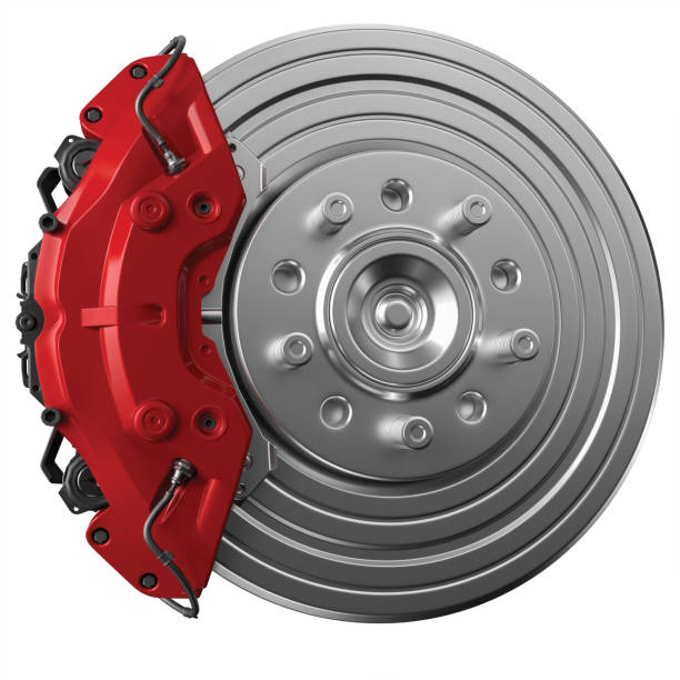 istock Braking system. Car brake disk with caliper isolated on white background. 3d illustration 1444209367