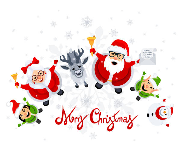 пусть идет снег. санта-клаус, миссис клаус, эльф, снеговик и северный олень. рождественская поздравительная открытка. - christmas card christmas parchment red stock illustrations