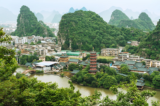 aerial view on Guilin with Karst Mountains and Pagoda in the lake