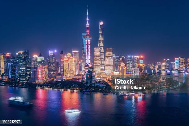 Aerial Skyline View Of Shanghai At Dusk Stock Photo - Download Image Now - China - East Asia, Urban Skyline, Aerial View