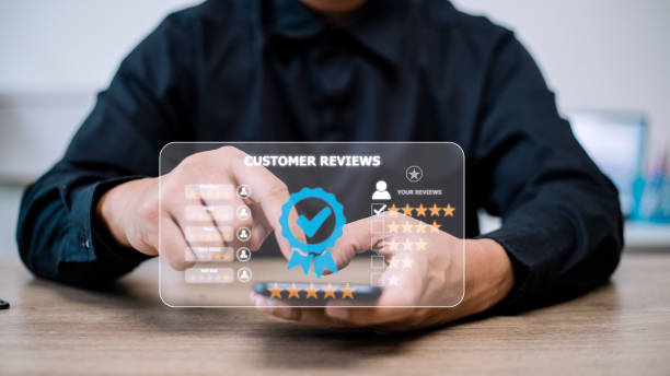 istock Customer review satisfaction feedback survey concept, User give rating to service experience on online application, service leading to reputation ranking of business. 1444213803