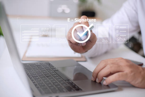 istock Online business contract Electronic signature, e-signing, digital document management, paperless office, signing business contract concept. 1444213846