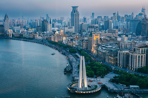 Aerial shot of the famous Bund in Shanghai, China