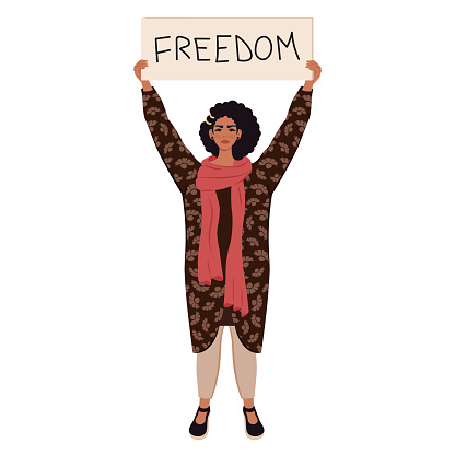 Iranian woman protests. Female activist holds posters with text Freedom. Young Arabic girl in national clothes at demonstration. Women's rights. Concept of unity, freedom, discrimination. Vector