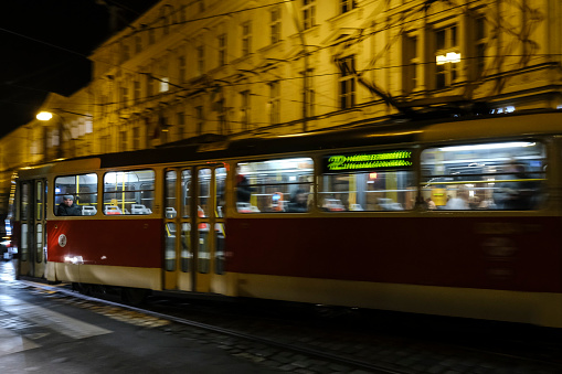 Typical old retro vintage tram on tracks in centre of Prague, Czech Republic on October 7, 2022.