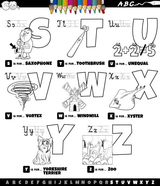 Vector illustration of educational cartoon alphabet set from S to Z color book page