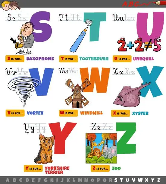 Vector illustration of educational cartoon alphabet letters for children set from S to Z