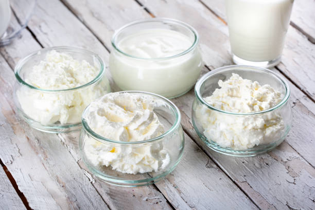 Dairy products - milk, cream, yoghurt, cottage cheese and curd Dairy products - milk, cream, yoghurt, cottage cheese and curd yogurt and cottage cheese stock pictures, royalty-free photos & images