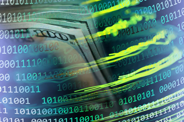 Financial Technologies - binary code background with dollar banknotes stock photo