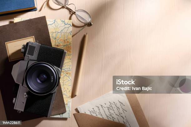 Vintage Trip Equipment Stock Photo - Download Image Now - Group Of Objects, Travel, Camera - Photographic Equipment