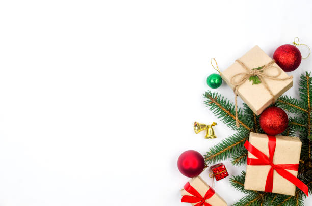 istock Christmas background with gift boxes red baubles and ribbon 1444228714