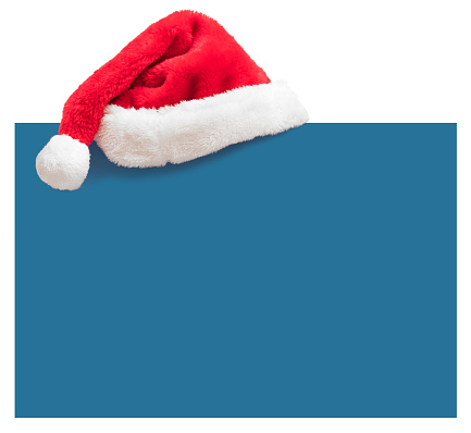 Santa Hat on a blue blank placard (isolated on a white background). You can add you message to the center.