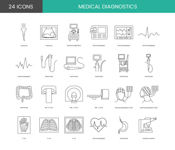 медицинский диагностический набор линейных иконок в векторе, иллюстрация эндоскопического оборудования, компьютерная томография и элект� - pulse trace computer monitor eeg equipment stock illustrations