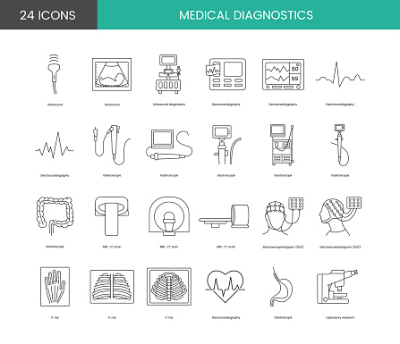 Medical diagnostics set of line icons in vector, illustration of endoscopy equipment, computed tomography and electroencephalogram, lectrocardiography and X-rays