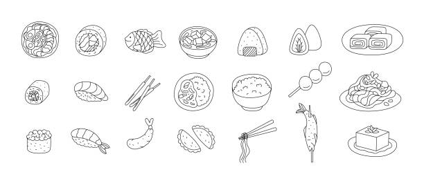 Big set Japanese food cuisine. Editable doodle outline illustration for menu, web design, print Big set Japanese food cuisine. Editable doodle outline illustration for menu, web design, print. fish fry icon stock illustrations