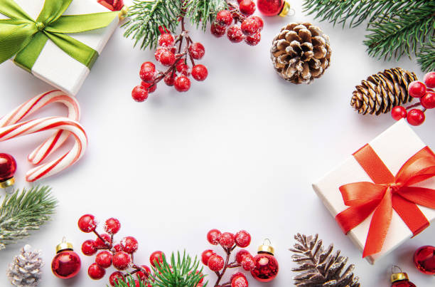 istock Christmas background with fir tree and decor. Top view with copy space 1444231481