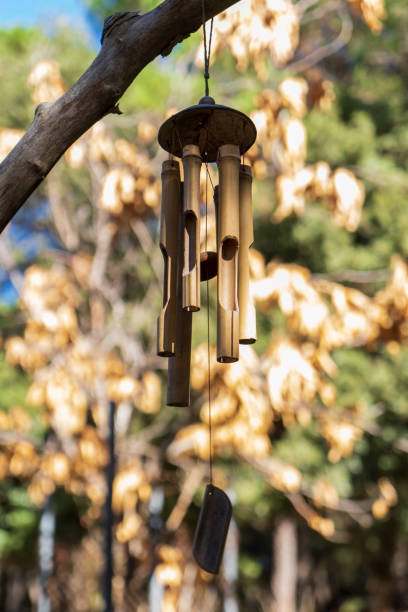 istock Vertical picture of bamboo wind chime hanging from tree branch 1444233248