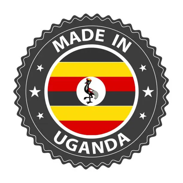 Vector illustration of Made in Uganda badge vector. Sticker with stars and national flag. Sign isolated on white background.