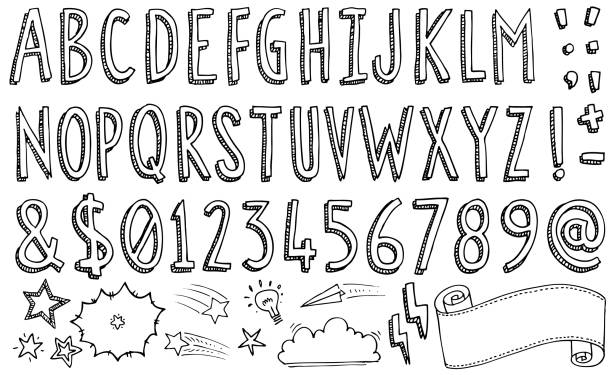 ilustrações, clipart, desenhos animados e ícones de vetor de fonte do alfabeto do rabisco do esboço dos desenhos animados - doodle alphabet text drawing