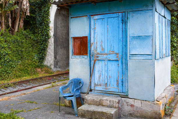 old abandoned railway lineman's booth. - antique furniture old old fashioned imagens e fotografias de stock