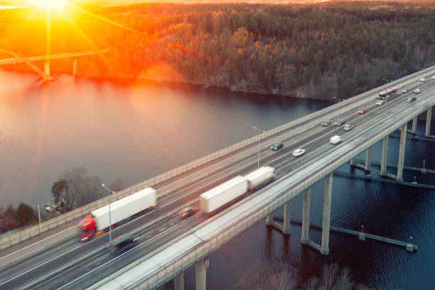 istock Highway bridge with traffic in sunlight 1444243665