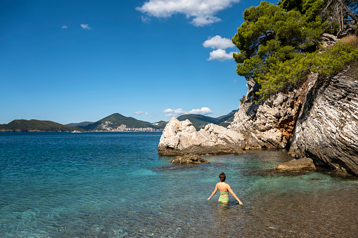 Top travel destinations of Montenegro. Sveti Stefan beach.