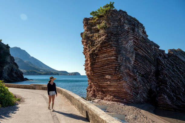 Top travel destinations of Montenegro. Walking from Old Town Budva to Sveti Stefan.