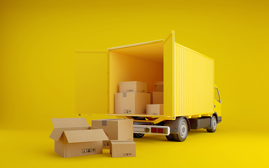 Yellow delivery truck with cardboard boxes.Transportation shipment.3d rendering