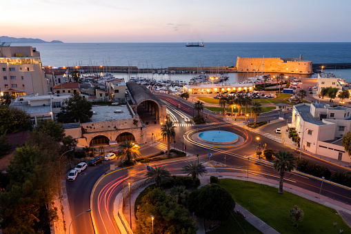 Heraklion water front area at dusk. Capital of Crete, Greece. Greek Island travel destinations.